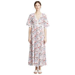 Kos Resort V-Neck Floral‎ Maxi Dress Cottagecore Prairiecore Romantic Sz SMALL